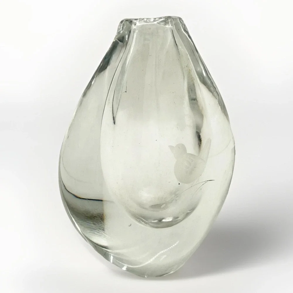 Vintage Orrefors Crystal Bud Vase Signed Scandinavian Art Glass Etched Bird